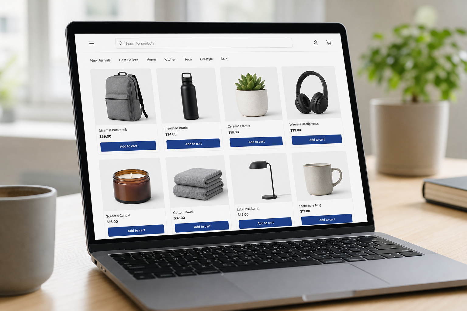 E-commerce storefront with a product grid, shown on a laptop