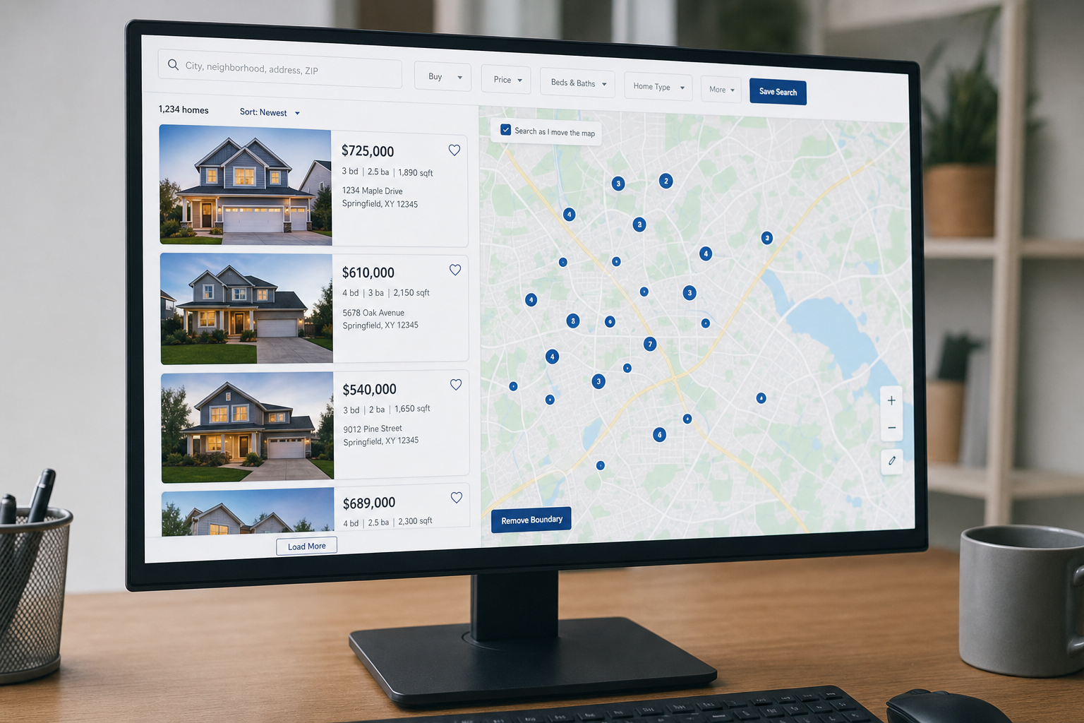 Real estate portal with property listings and a map, on a desktop monitor