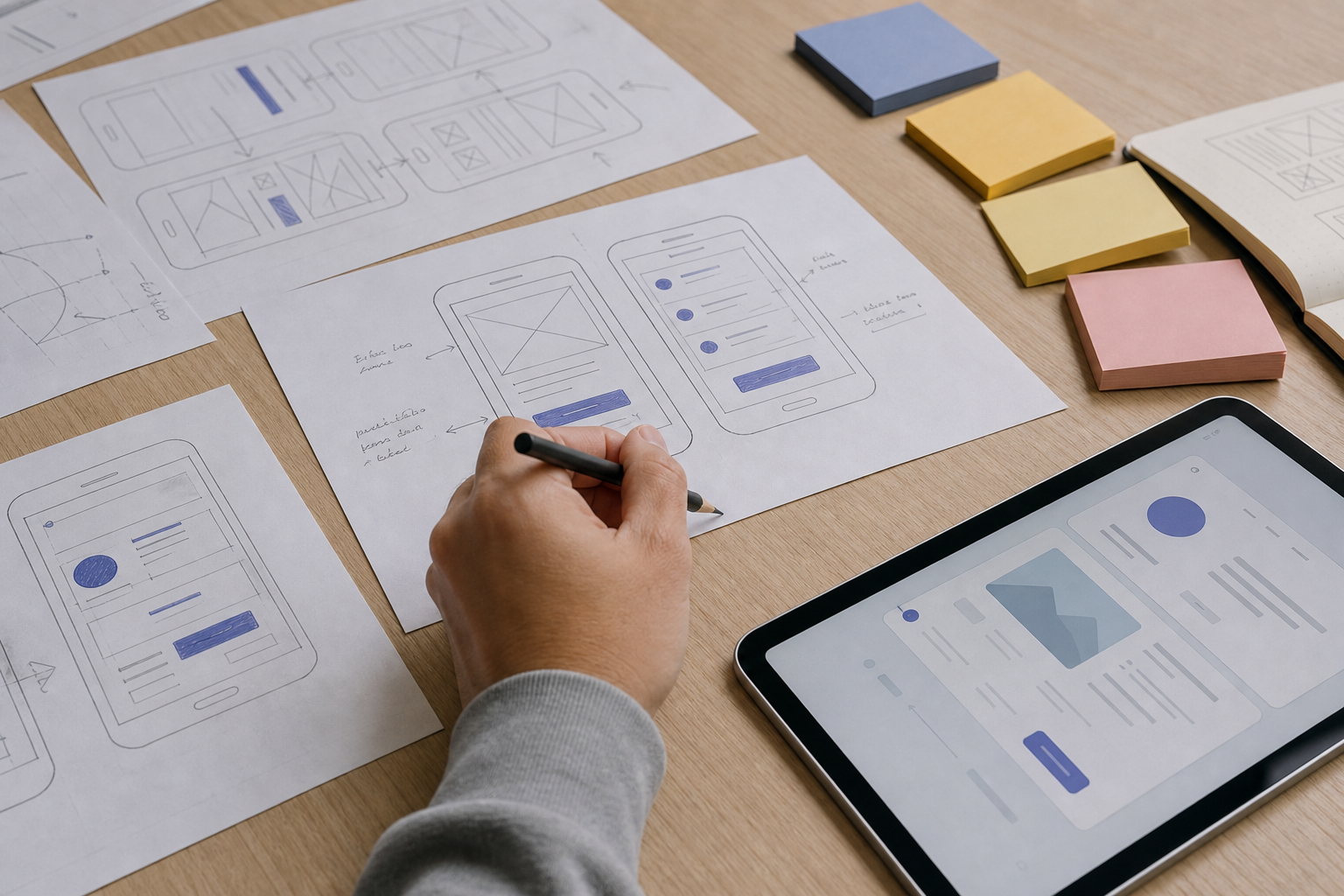 App wireframe sketches being annotated next to a tablet mockup