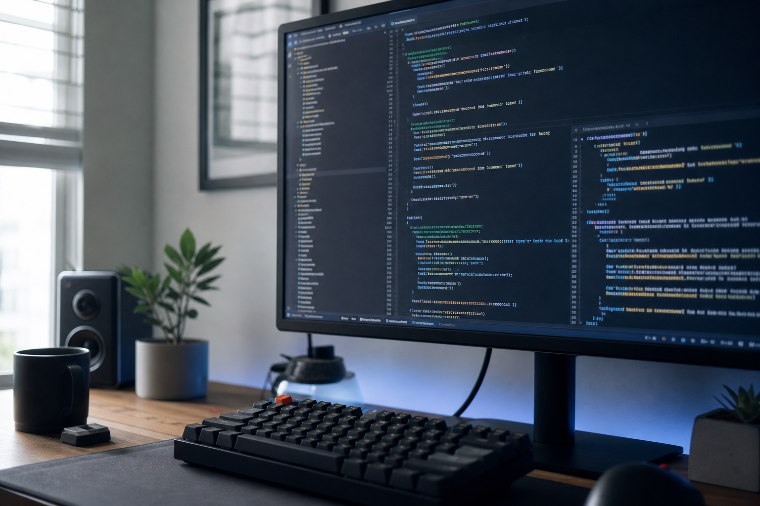 Developer workspace with a code editor on screen